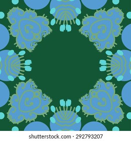 Circular seamless  pattern of floral motif, spots,waves, ellipses, doodles, copy space. Hand drawn.