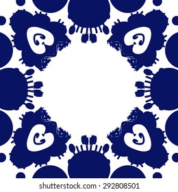 Circular seamless  pattern of floral motif, spots,waves, ellipses, doodles, copy space. Hand drawn.