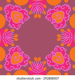 Circular seamless  pattern of floral motif, spots,waves, ellipses, doodles, copy space. Hand drawn.
