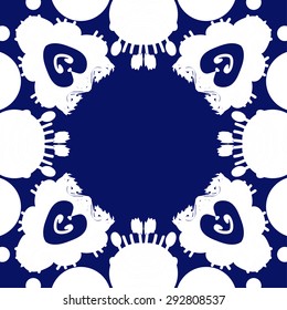 Circular seamless  pattern of floral motif, spots,waves, ellipses, doodles, copy space. Hand drawn.