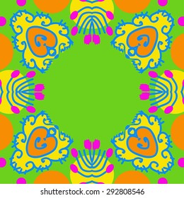 Circular seamless  pattern of floral motif, spots,waves, ellipses, doodles, copy space. Hand drawn.