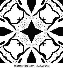 Circular seamless  pattern of   floral motif, spirals, waves, hole, doodles, stamens. Hand drawn.