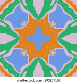 Circular seamless  pattern of   floral motif, spirals, waves, hole, doodles, stamens. Hand drawn.