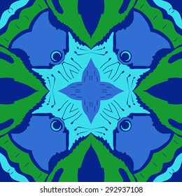 Circular seamless  pattern of   floral motif, spirals, waves, hole, doodles, stamens. Hand drawn.