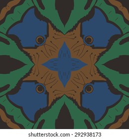 Circular seamless  pattern of   floral motif, spirals, waves, hole, doodles, stamens. Hand drawn.