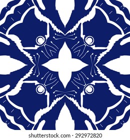 Circular seamless  pattern of   floral motif, spirals, waves, hole, doodles, stamens. Hand drawn.