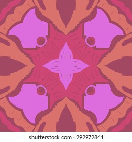 Circular seamless  pattern of   floral motif, spirals, waves, hole, doodles, stamens. Hand drawn.