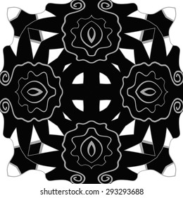 Circular seamless  pattern of floral motif, waves, spots, spirals, cross, hole. Hand drawn.
