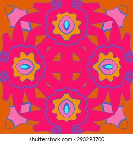 Circular seamless  pattern of floral motif, waves, spots, spirals, cross, hole. Hand drawn.