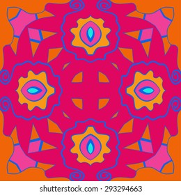 Circular seamless  pattern of floral motif, waves, spots, spirals, cross, hole. Hand drawn.