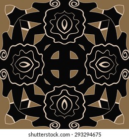 Circular seamless  pattern of floral motif, waves, spots, spirals, cross, hole. Hand drawn.