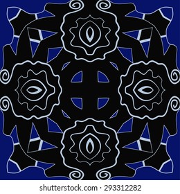 Circular seamless  pattern of floral motif, waves, spots, spirals, cross, hole. Hand drawn.