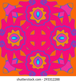 Circular seamless  pattern of floral motif, waves, spots, spirals, cross, hole. Hand drawn.