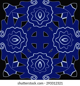 Circular seamless  pattern of floral motif, waves, spots, spirals, cross, hole. Hand drawn.