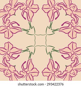 Circular seamless  pattern of floral motif, stripes, flowers, ellipses hole, copy space. Hand drawn.