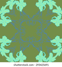 Circular seamless  pattern of floral motif, branches, flowers, ellipses hole. Hand drawn.