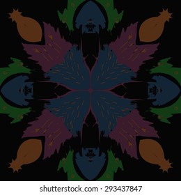 Circular seamless  pattern of floral motif, doodles, waves, stars . Hand drawn.