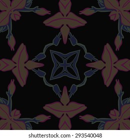 Circular seamless  pattern of floral motif, stripes, flowers, ellipses, star. Hand drawn.