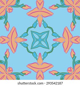 Circular seamless  pattern of floral motif, stripes, flowers, ellipses, star. Hand drawn.