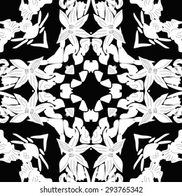 Circular seamless  pattern of floral motif, flowers, spots, leaves. Hand drawn.