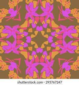 Circular seamless  pattern of floral motif, flowers, spots, leaves. Hand drawn.