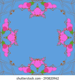 Circular seamless  pattern of floral motif, flowers, garland, branches, copy space. Hand drawn.