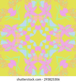 Circular seamless  pattern of floral motif, flowers, spots, leaves. Hand drawn.