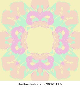 Circular seamless  pattern of floral motif, stylized flowers, garland,doodles, waves, copy space. Hand drawn.