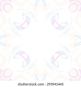 Circular seamless  pattern of floral motif, stylized flowers, garland, leaves, hole, copy space. Hand drawn.