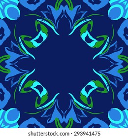 Circular seamless  pattern of floral motif, stylized flowers, garland, leaves, hole, copy space. Hand drawn.