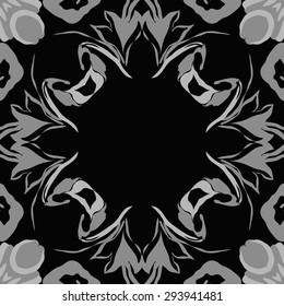 Circular seamless  pattern of floral motif, stylized flowers, garland, leaves, hole, copy space. Hand drawn.