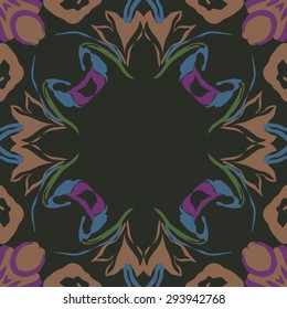 Circular seamless  pattern of floral motif, stylized flowers, garland, leaves, hole, copy space. Hand drawn.