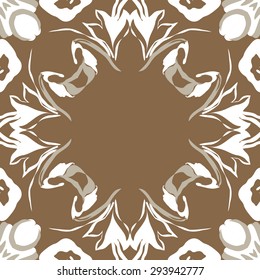 Circular seamless  pattern of floral motif, stylized flowers, garland, leaves, hole, copy space. Hand drawn.