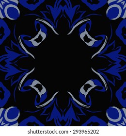 Circular seamless  pattern of floral motif, stylized flowers, garland, leaves, hole, copy space. Hand drawn.