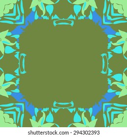 Circular seamless  pattern of floral motif, spots, leaves, stamens, copy space. Hand drawn.