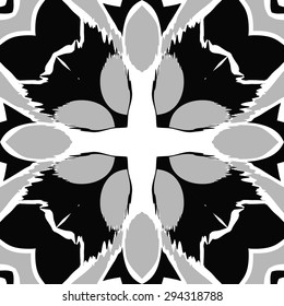 Circular seamless  pattern of floral motif, spots, zigzags, waves, cross. Hand drawn.