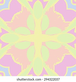 Circular seamless  pattern of floral motif, spots, zigzags, waves, cross. Hand drawn.