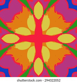 Circular seamless  pattern of floral motif, spots, zigzags, waves, cross. Hand drawn.