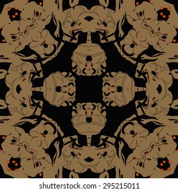 Circular seamless  pattern of floral motif, spots, hole, stripes, ellipses. Hand drawn.