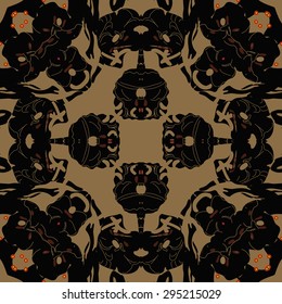 Circular seamless  pattern of floral motif, spots, hole, stripes, ellipses. Hand drawn.
