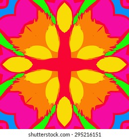 Circular seamless  pattern of floral motif, spots, zigzags, waves, cross. Hand drawn.