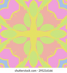 Circular seamless  pattern of floral motif, spots, zigzags, waves, cross. Hand drawn.