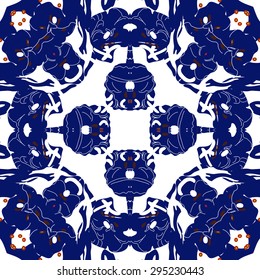 Circular seamless  pattern of floral motif, spots, hole, stripes, ellipses. Hand drawn.