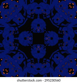 Circular seamless  pattern of floral motif, spots, hole, stripes, ellipses. Hand drawn.