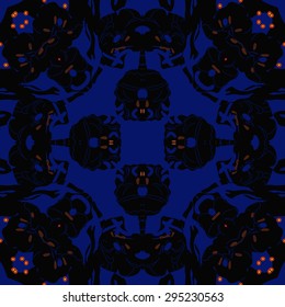 Circular seamless  pattern of floral motif, spots, hole, stripes, ellipses. Hand drawn.