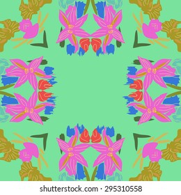 Circular seamless  pattern of floral motif, spots, flowers, stamens, waves, copy space. Hand drawn.