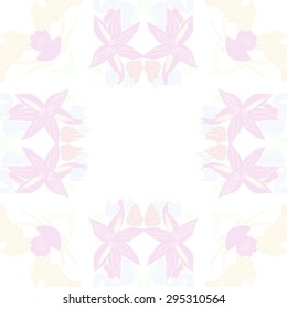 Circular seamless  pattern of floral motif, spots, flowers, stamens, waves, copy space. Hand drawn.