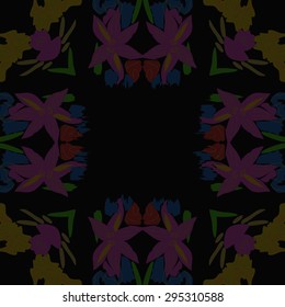 Circular seamless  pattern of floral motif, spots, flowers, stamens, waves, copy space. Hand drawn.