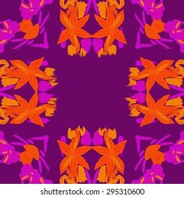 Circular seamless  pattern of floral motif, spots, flowers, stamens, waves, copy space. Hand drawn.