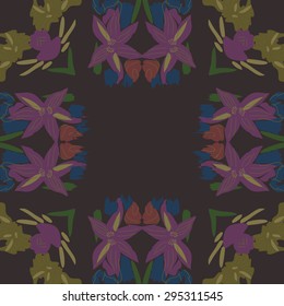 Circular seamless  pattern of floral motif, spots, flowers, stamens, waves, copy space. Hand drawn.